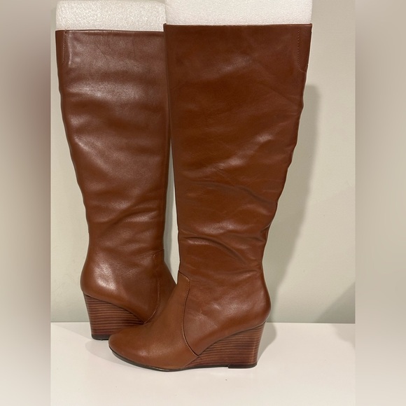 Nine West Tan Tall Leather UpperTextile Lining  Wedge Wide Calf Boots  Sz 7.5 - Picture 6 of 13